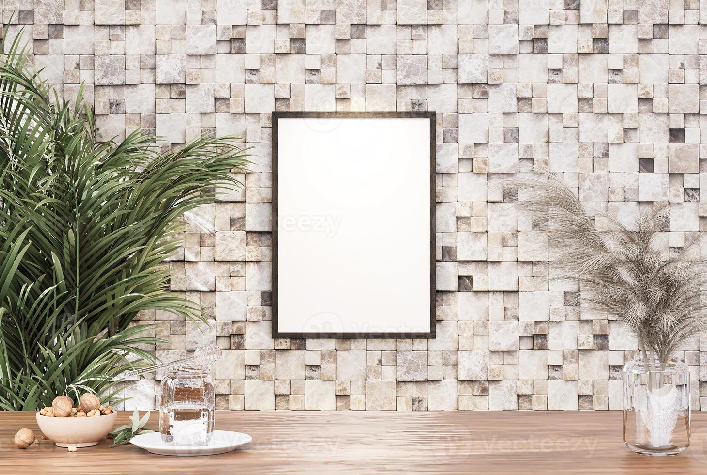 Empty room photo frame with tile wall, interior background image.