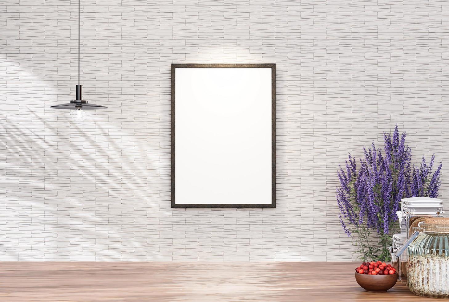 Empty room photo frame with tile wall, interior background image.