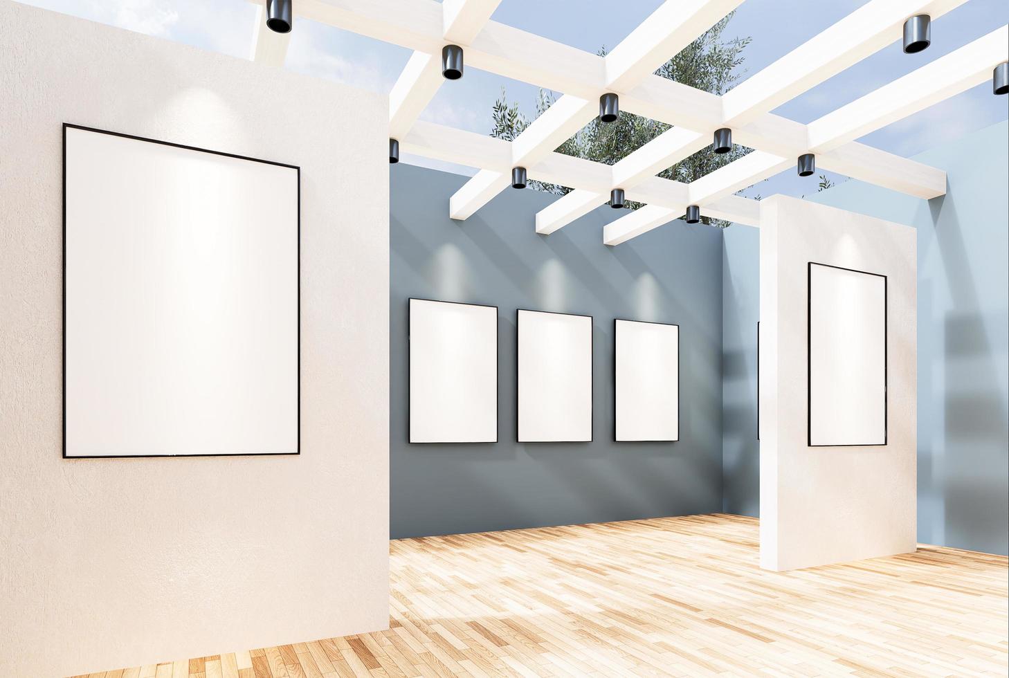 Empty room interior with white canvas in the gallery. photo