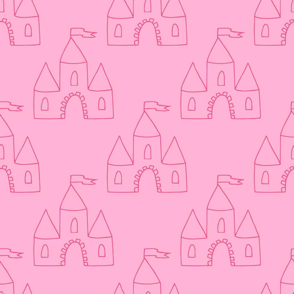 castle seamless pattern hand drawn doodle. , minimalism, monochrome, trendy color 2022. wallpaper, background, textile, wrapping paper. flags towers fairy tale children vector
