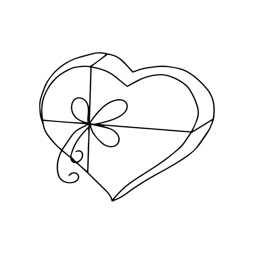 heart shaped gift box with ribbon and bow isolated on white. hand drawn in doodle style vector