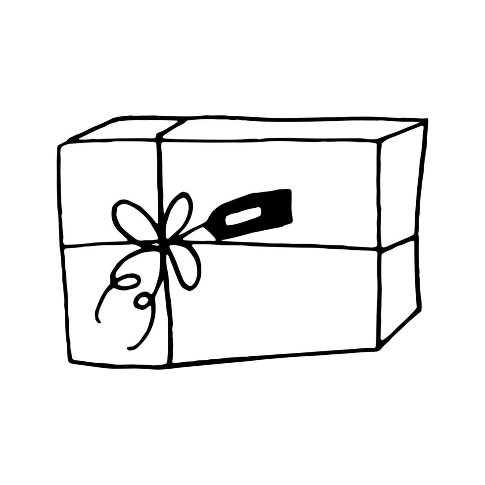 gift box with ribbon and bow isolated on white. hand drawn in doodle style vector