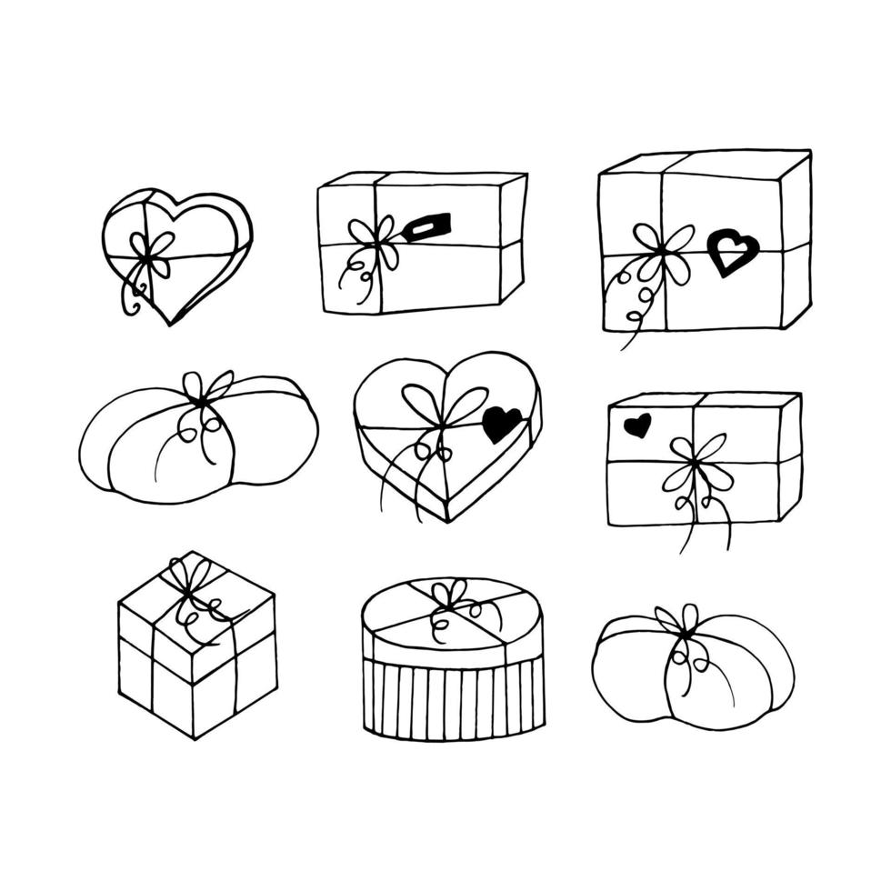 gift box with ribbon and bow set isolated on white. hand drawn in doodle style vector