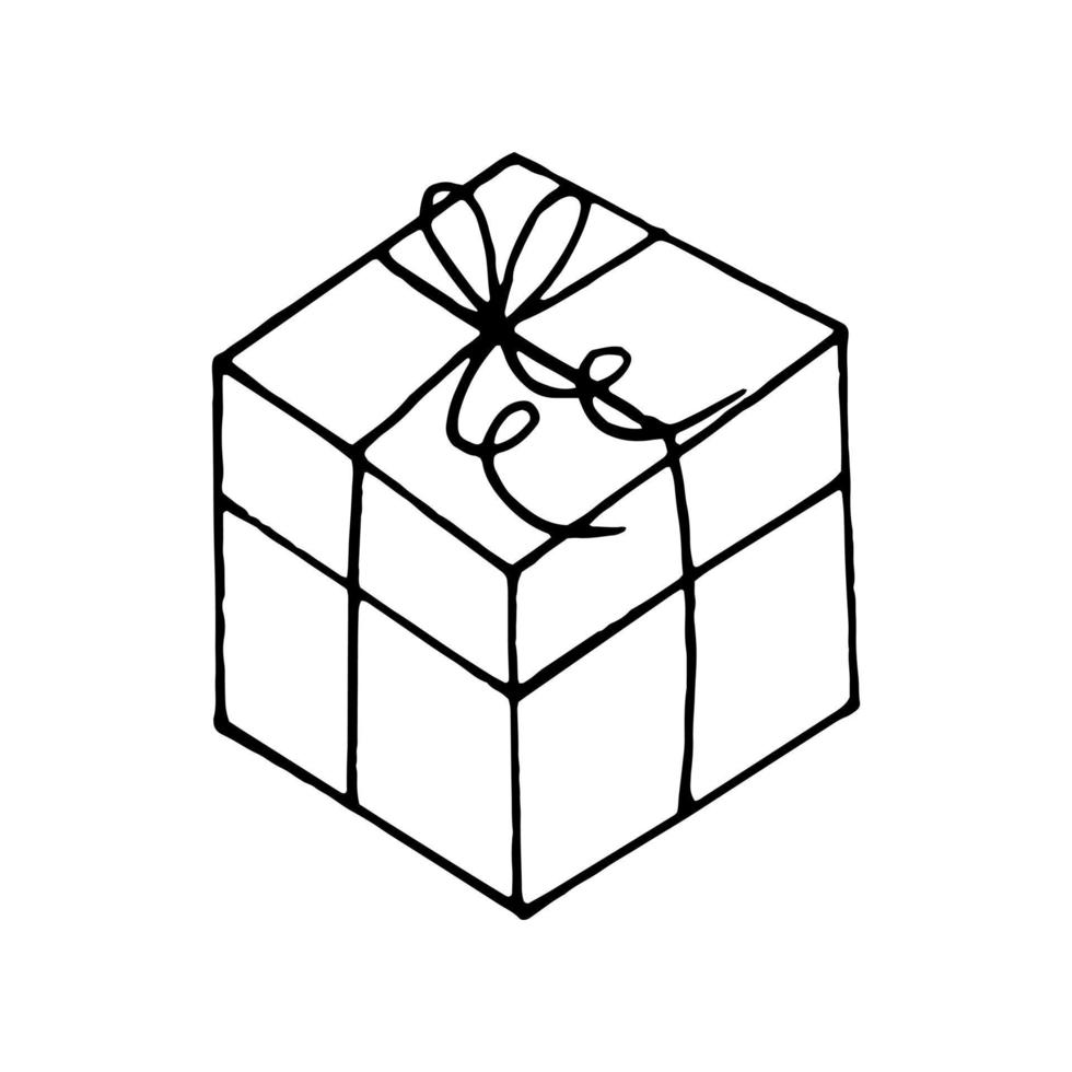 gift box with ribbon and bow isolated on white. hand drawn in doodle style vector