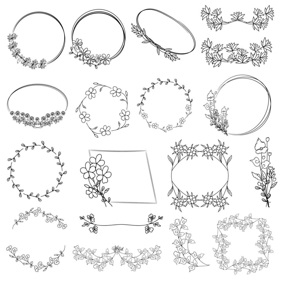 Flower Wreath, Hand Sketched Decorative Doodle Borders and Frames. vector