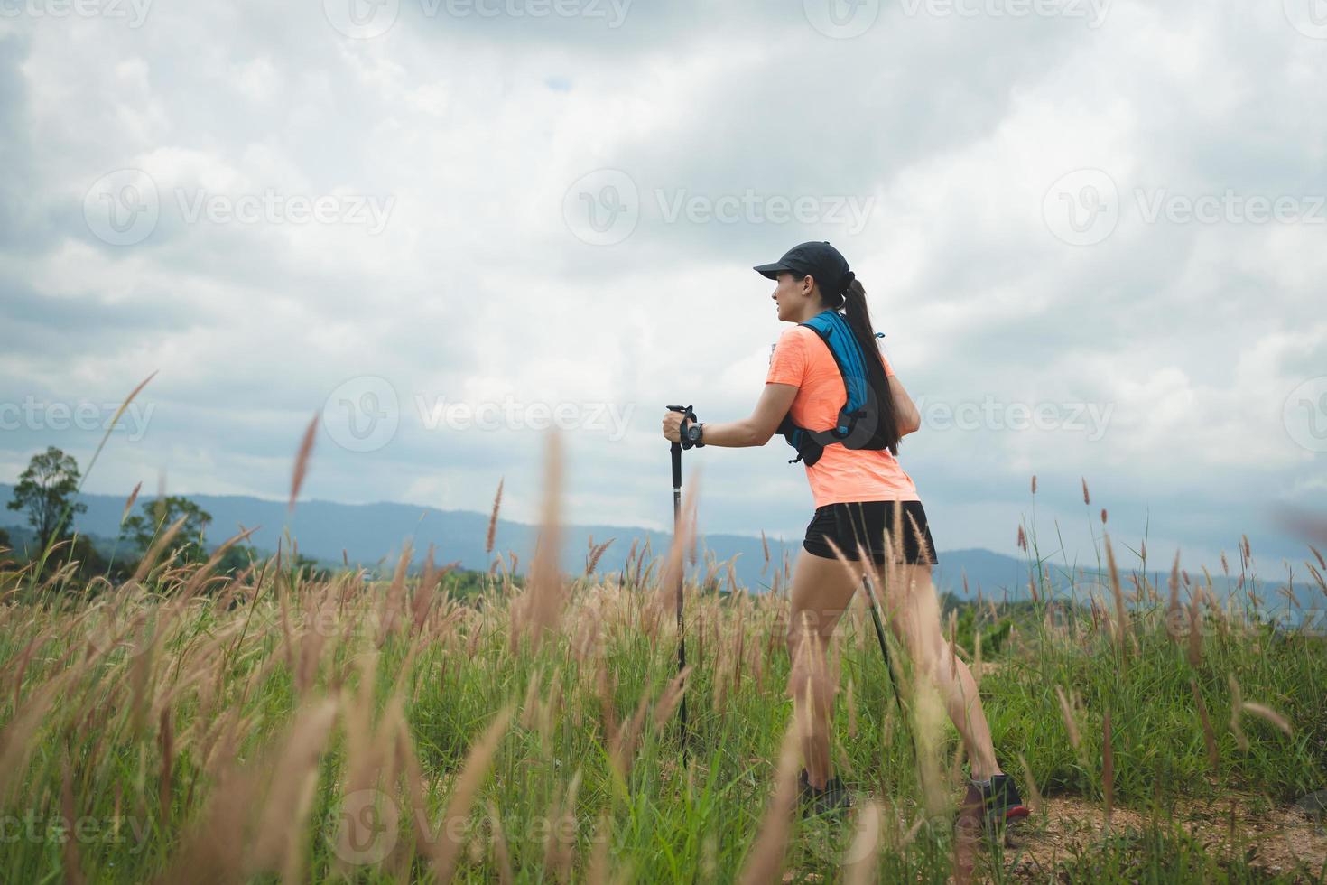 Young women active trail running across a meadow on a grassy trail high in the mountains in the afternoon with trekking pole photo
