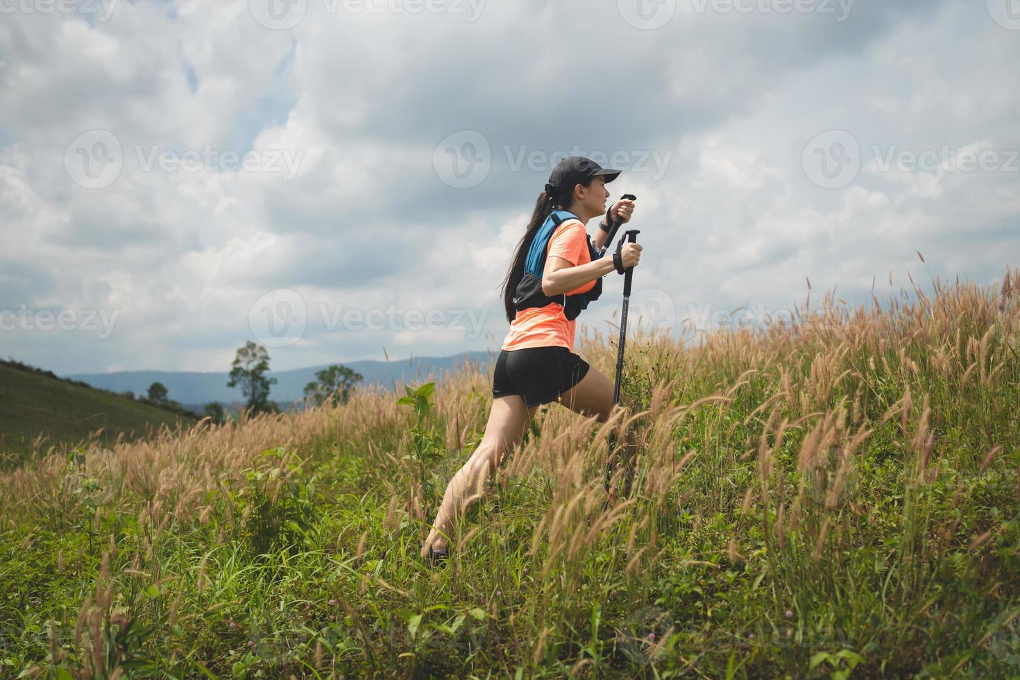 Young women active trail running across a meadow on a grassy trail high in the mountains in the afternoon with trekking pole photo