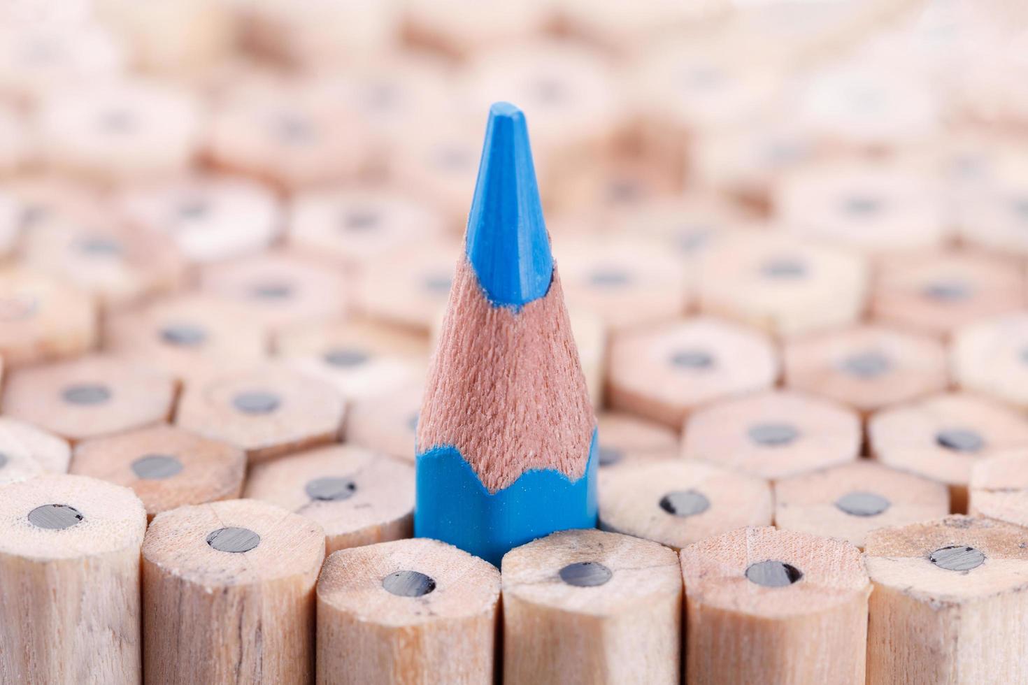 One sharpened blue pencil among many ones photo