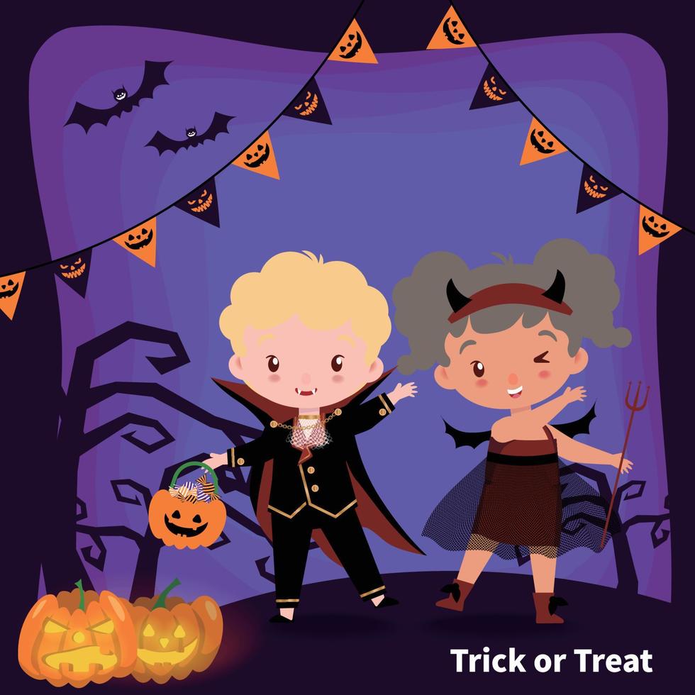 Trick or treat, cute kids celebrating halloween card vector