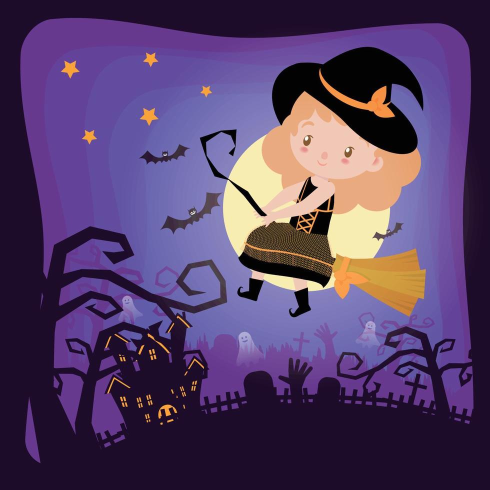 Trick or treat, cute kids celebrating halloween card vector