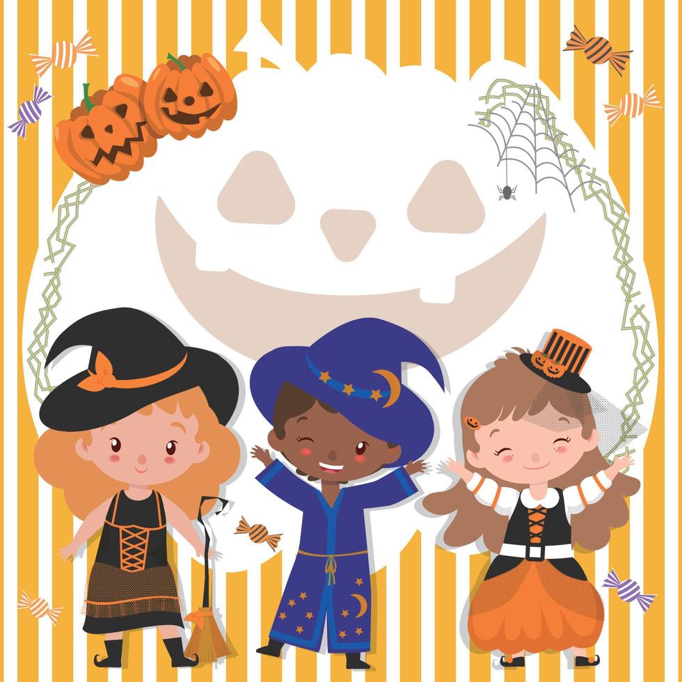 Halloween frame with pumpkins and cute kids vector