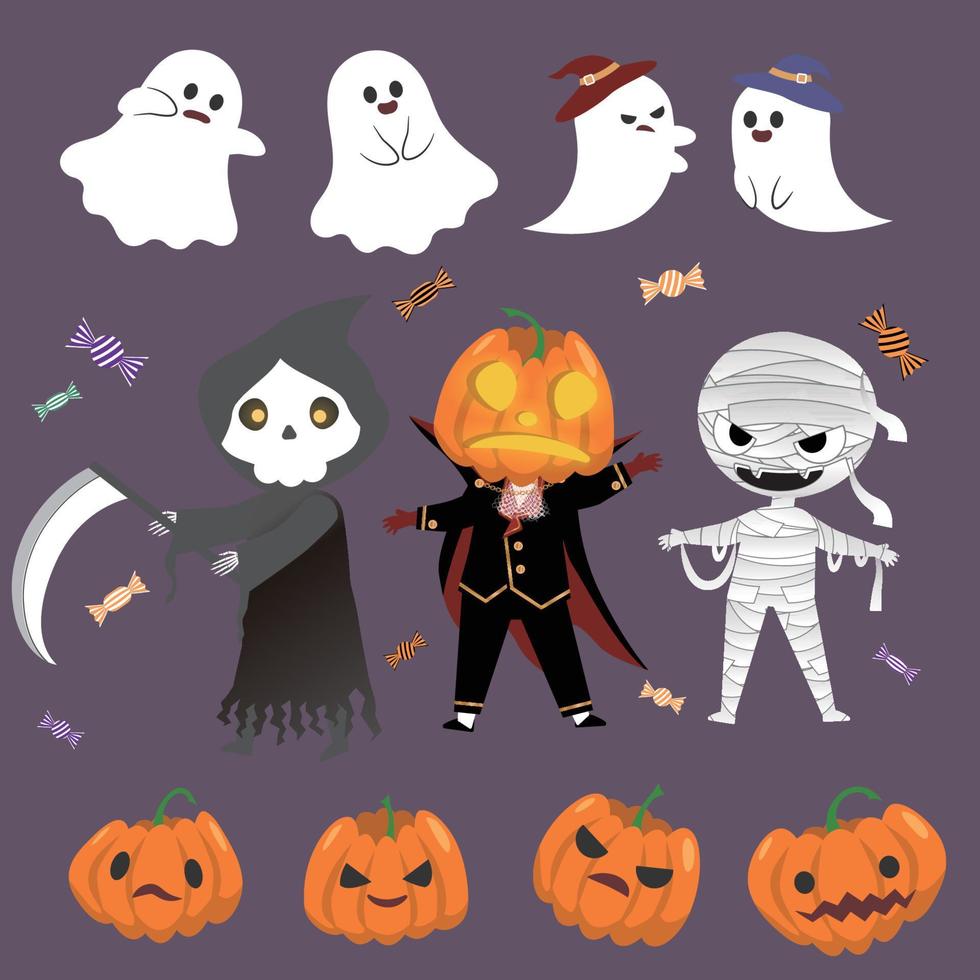 lindo material de halloween con calabazas, fantasmas, parcas, zombis y más vector