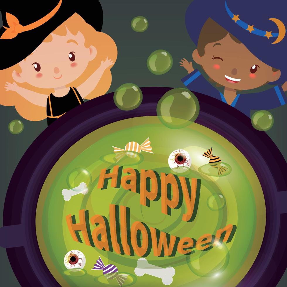 Wizard and witch cooking a pot for happy halloween vector