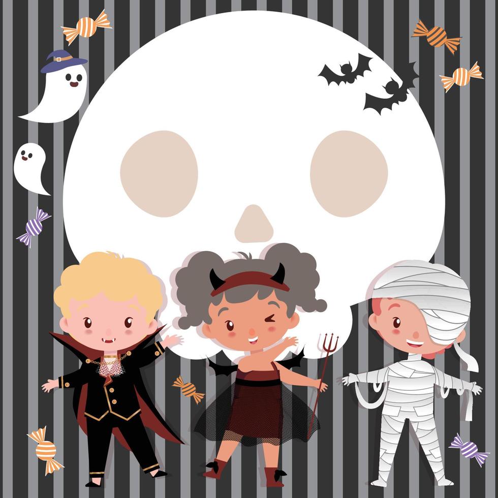 Halloween frame with bones and ghosts and cute kids vector