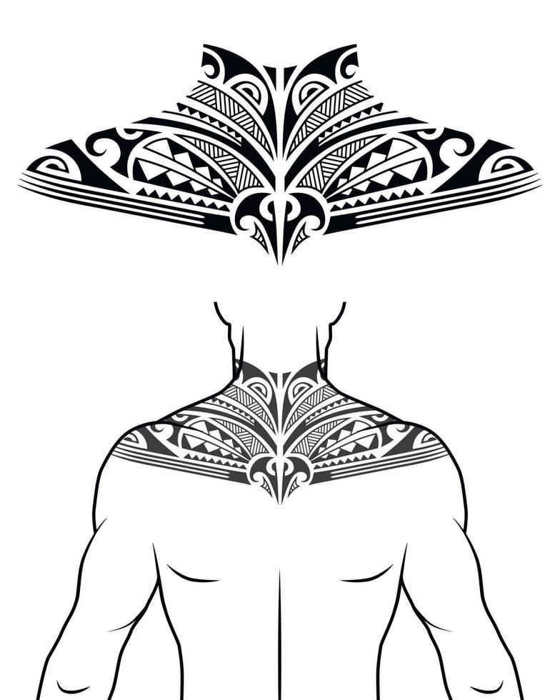 patrón de tatuaje de estilo tribal maorí apto para el cuello, la espalda y el pecho. con ejemplo en el cuerpo. para el catálogo de estudio de tatuajes. vector