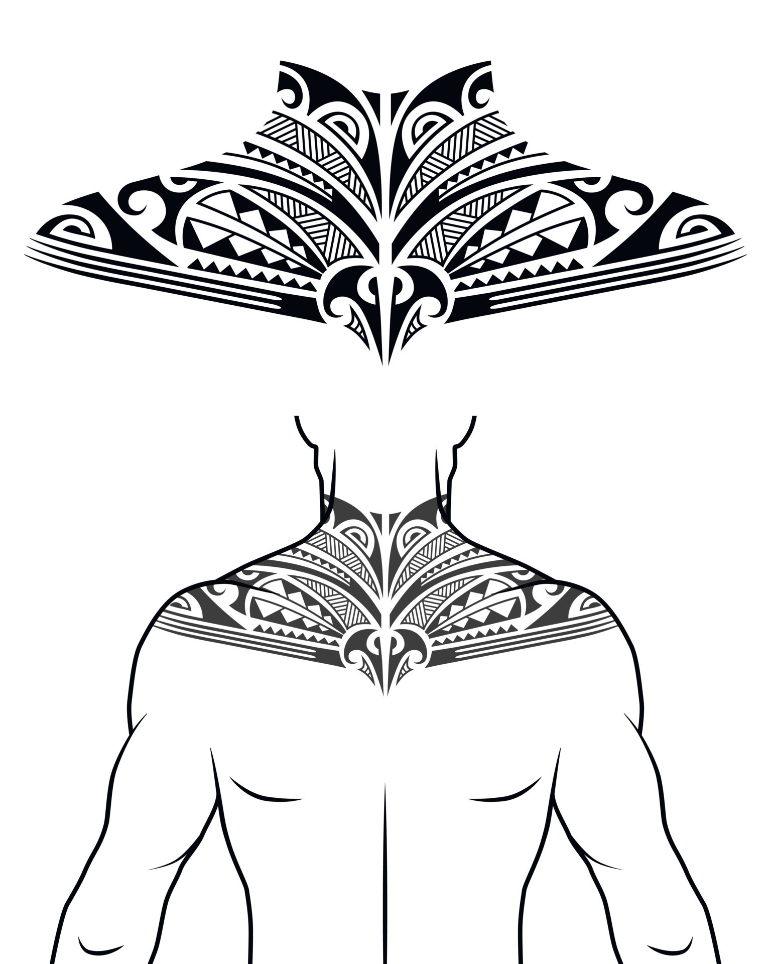 Maori tribal style tattoo pattern fit for a neck, back, chest. With example on body. For tattoo
