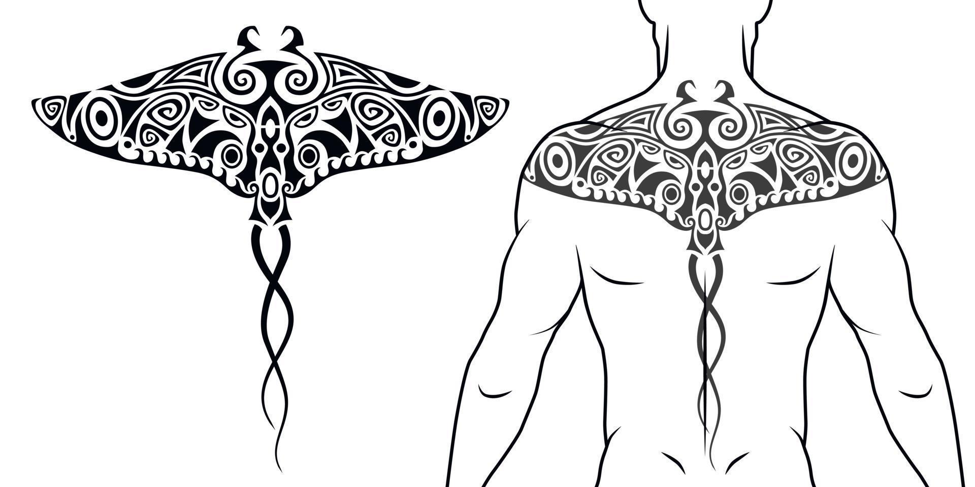 Maori tribal style tattoo pattern with manta ray fit for a back, chest. With example on body. For tattoo studio catalog. vector