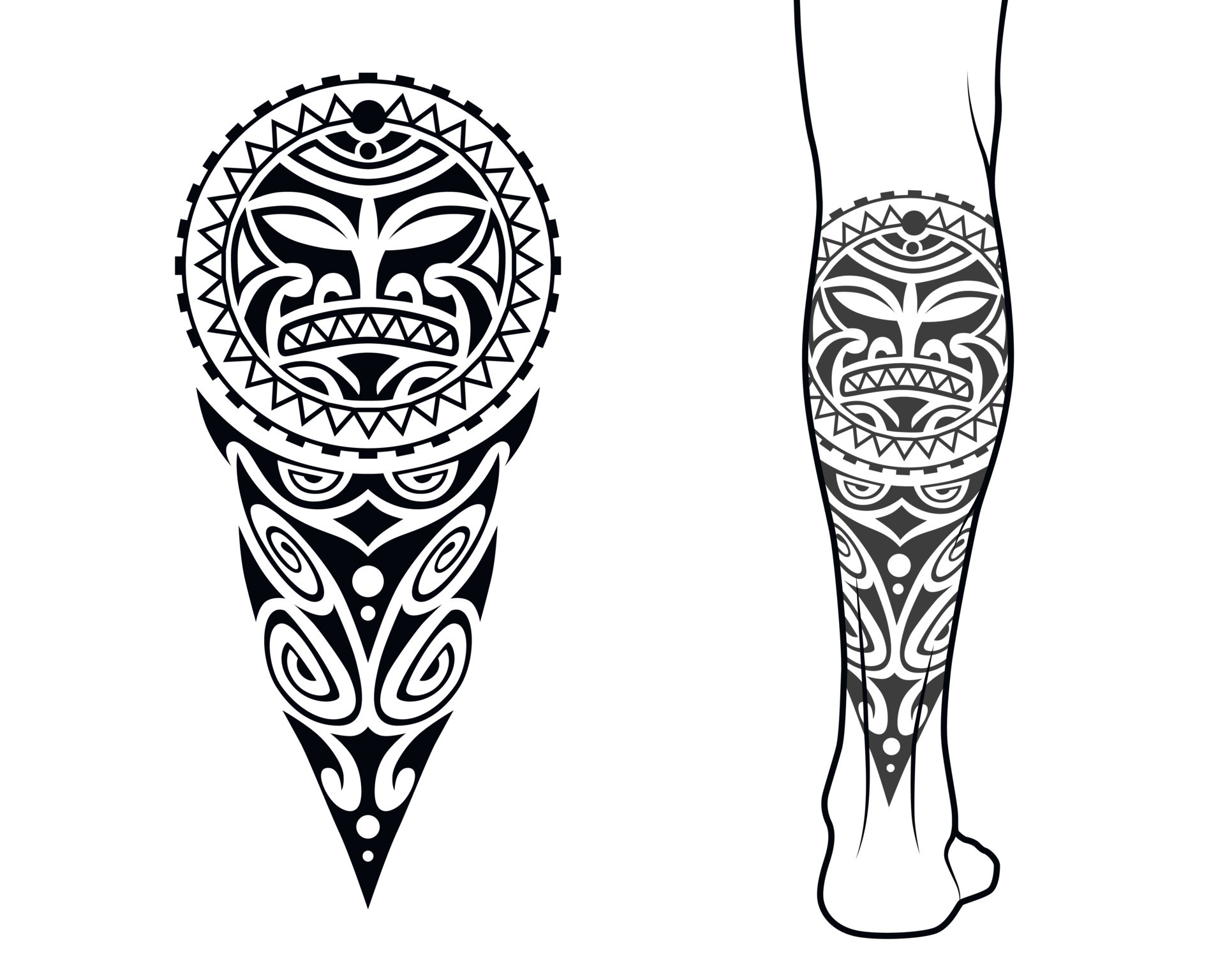 Maori tribal style tattoo pattern fit for a leg. With example on body