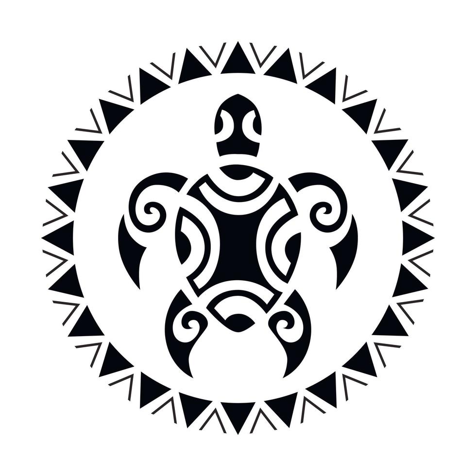 Sea turtle round circle ornament Maori style. Tattoo sketch vector