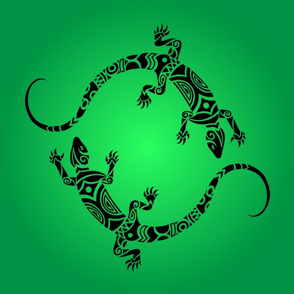 Lizards illustration Maori style. Round emblem or logo. White and green vector