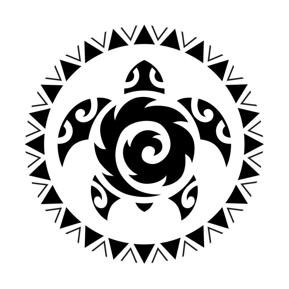 Sea turtle round circle ornament Maori style. Tattoo sketch vector