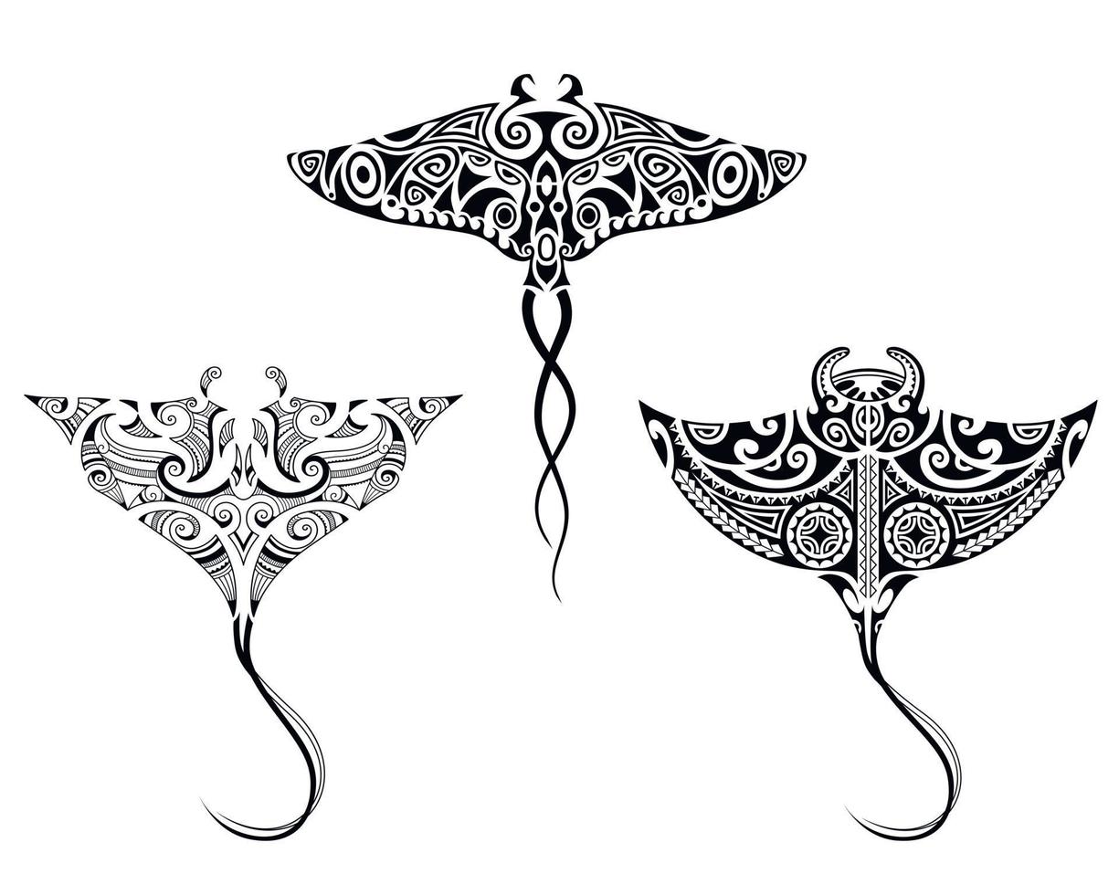 Set of Manta ray in Maori style. Sketch tribal ethno style. for divers. vector