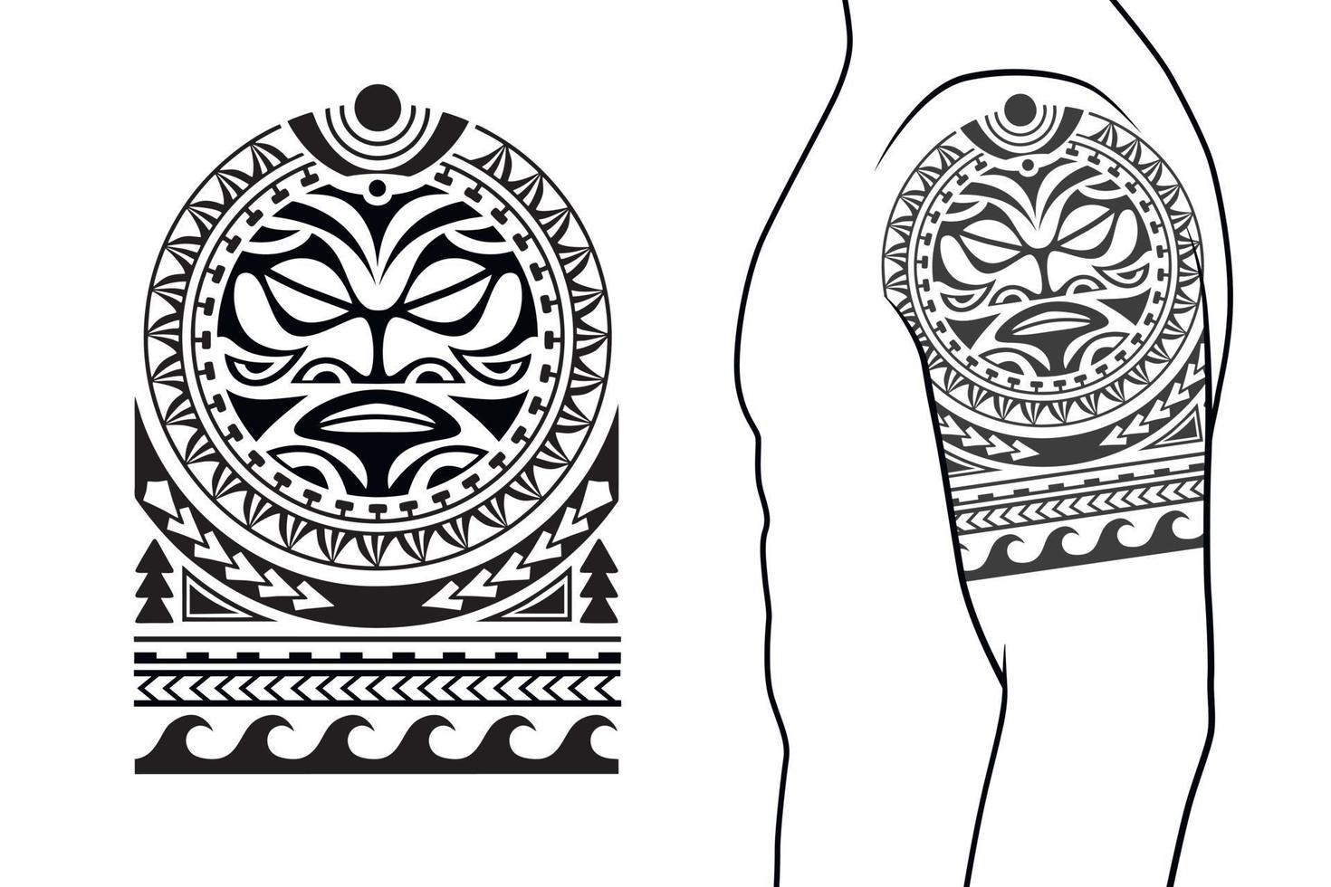 Maori tribal style tattoo pattern fit for a shoulder, arm. With example on body. vector