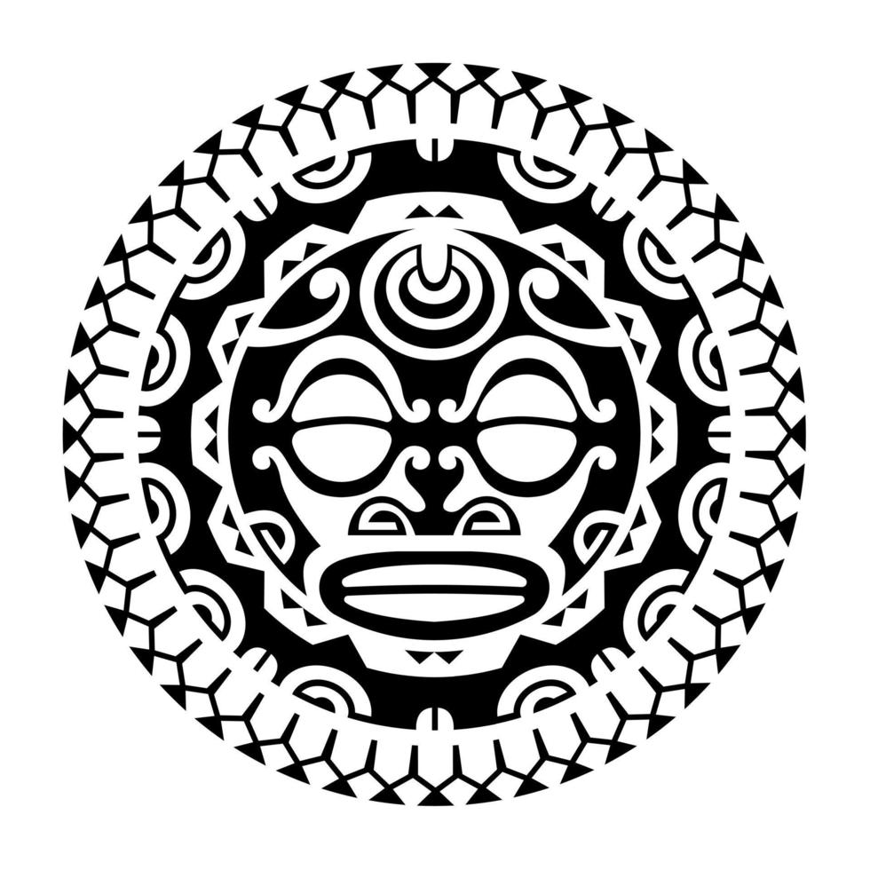 Round tattoo ornament with sun face maori style. African, aztecs or mayan ethnic mask. vector