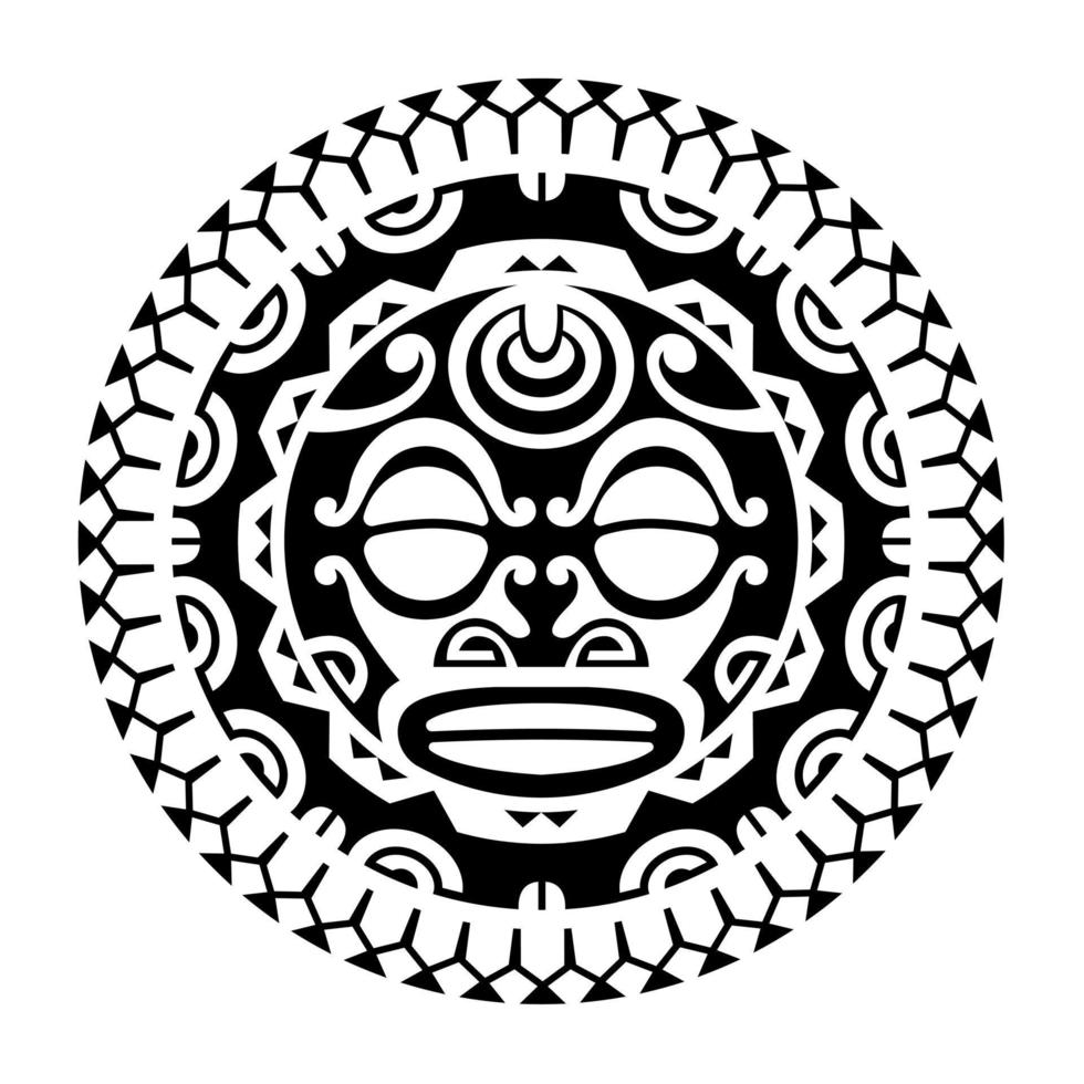 Round tattoo ornament with sun face maori style. African, aztecs or mayan ethnic mask. vector