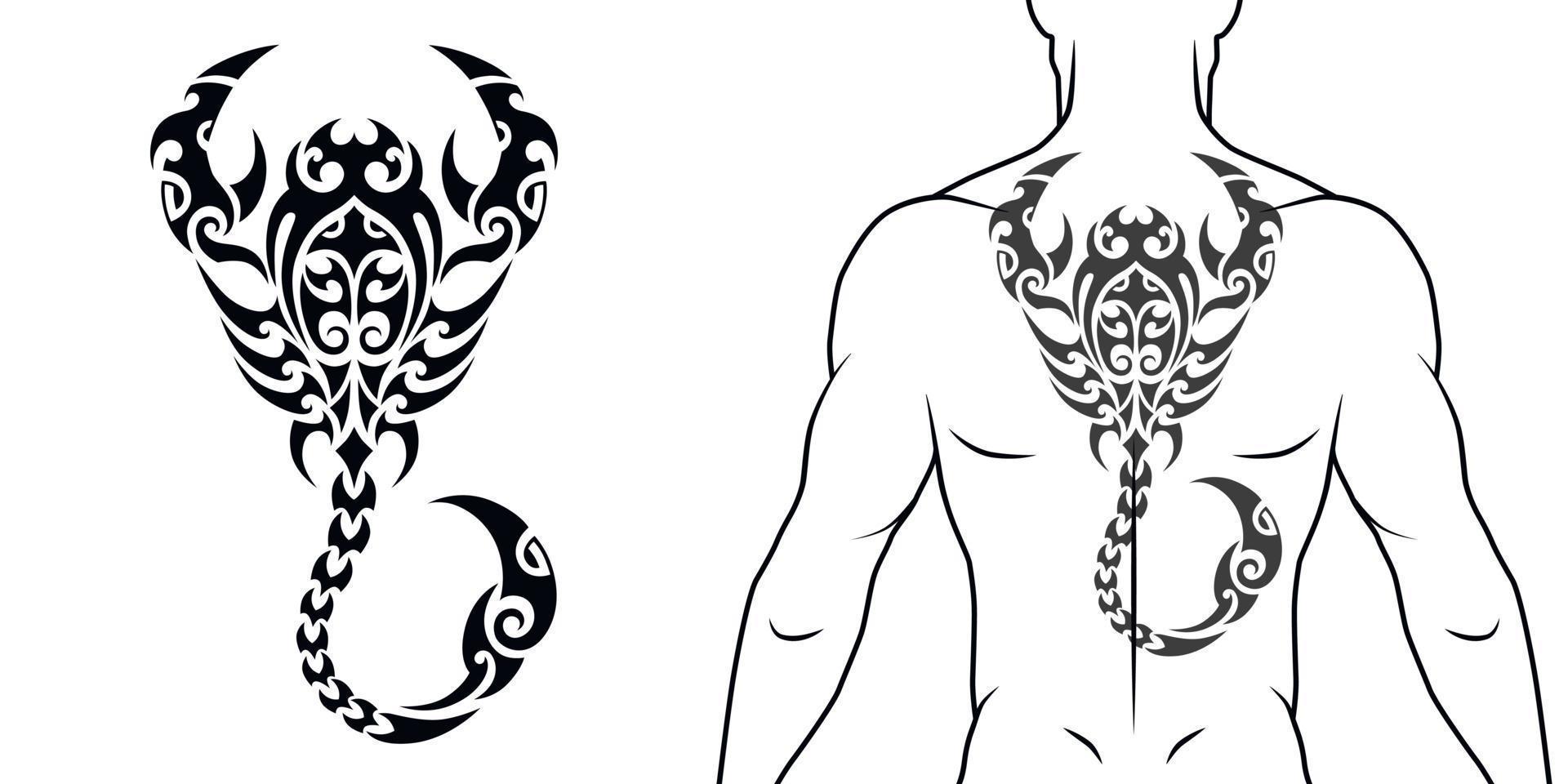 Maori tribal style tattoo pattern with scorpio for a back, chest. With example on body. For tattoo studio catalog. vector