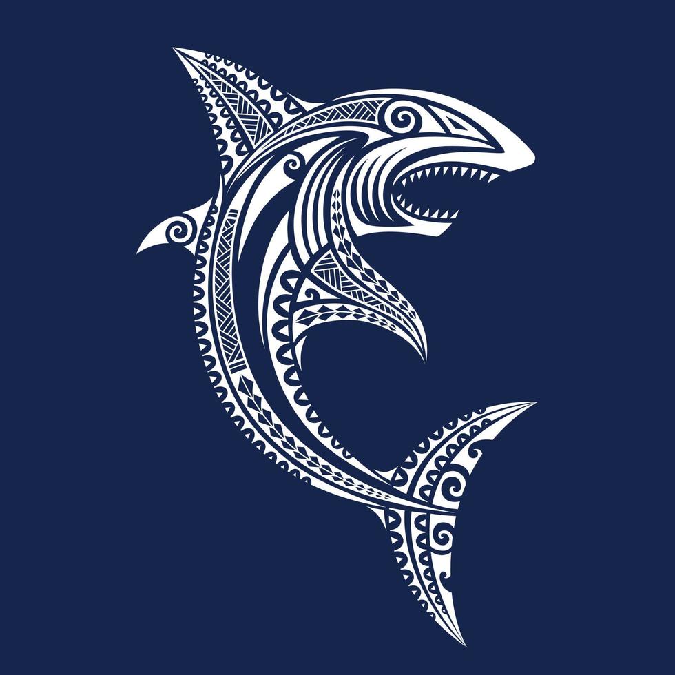 ilustración de tiburón estilo maorí. ornamento blanco sobre fondo azul. vector