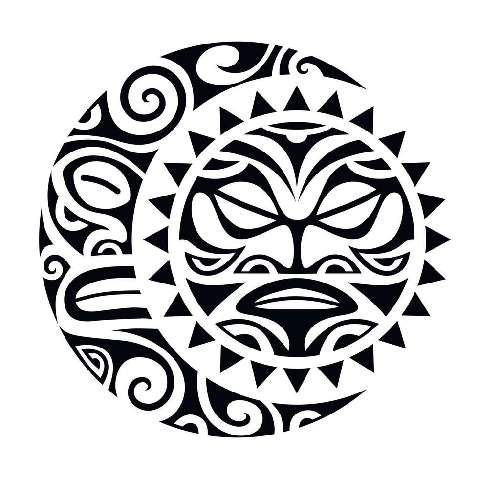 bosquejo del tatuaje del estilo maorí del sol y de la luna. ornamento tribal redondo. vector