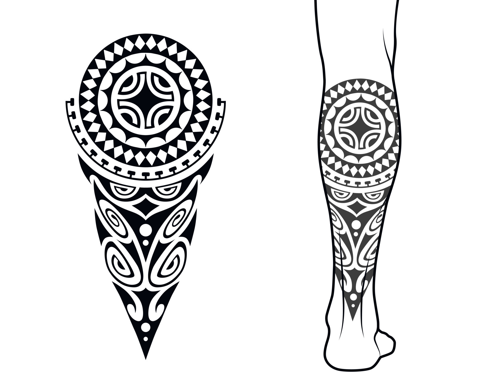 Maori tribal style tattoo pattern fit for a leg. With example on body