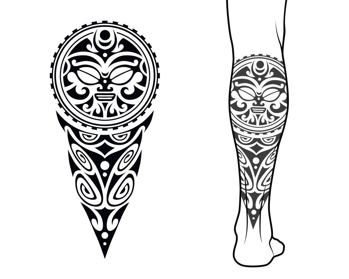 Maori tribal style tattoo pattern fit for a leg. With example on body. vector