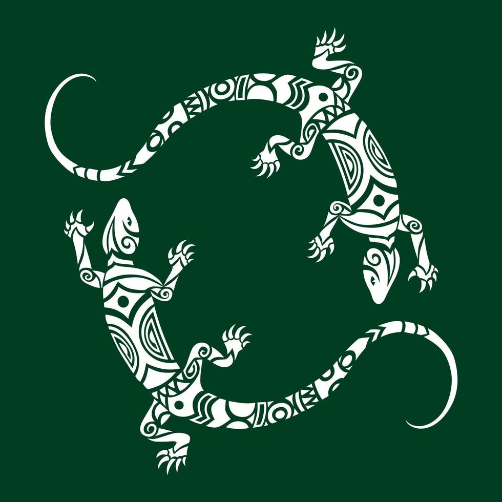 Lizards illustration Maori style. Round emblem or logo. White and green vector