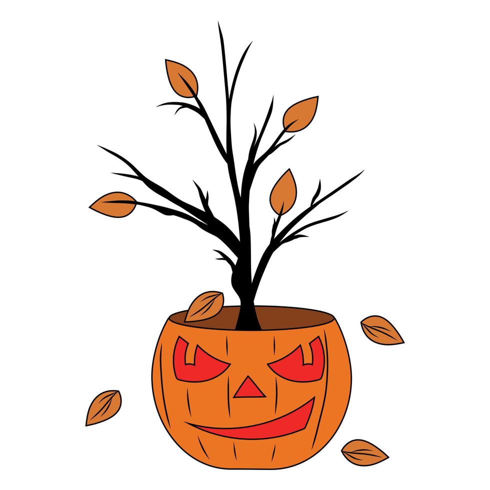 ilustración vectorial de un árbol aterrador en una olla de calabaza. una planta de interior para halloween. vector