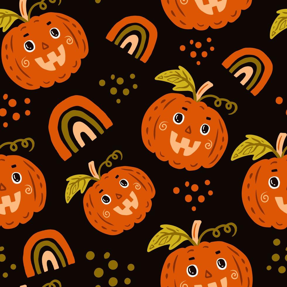 Halloween funny pumpkin character with rainbow seamless pattern vector