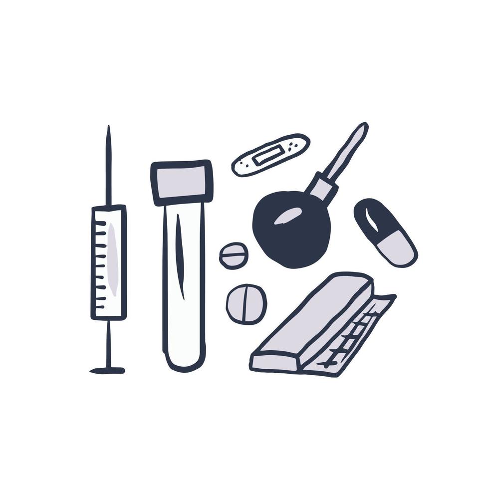 Pharmacy products simple hand drawn set vector illustration