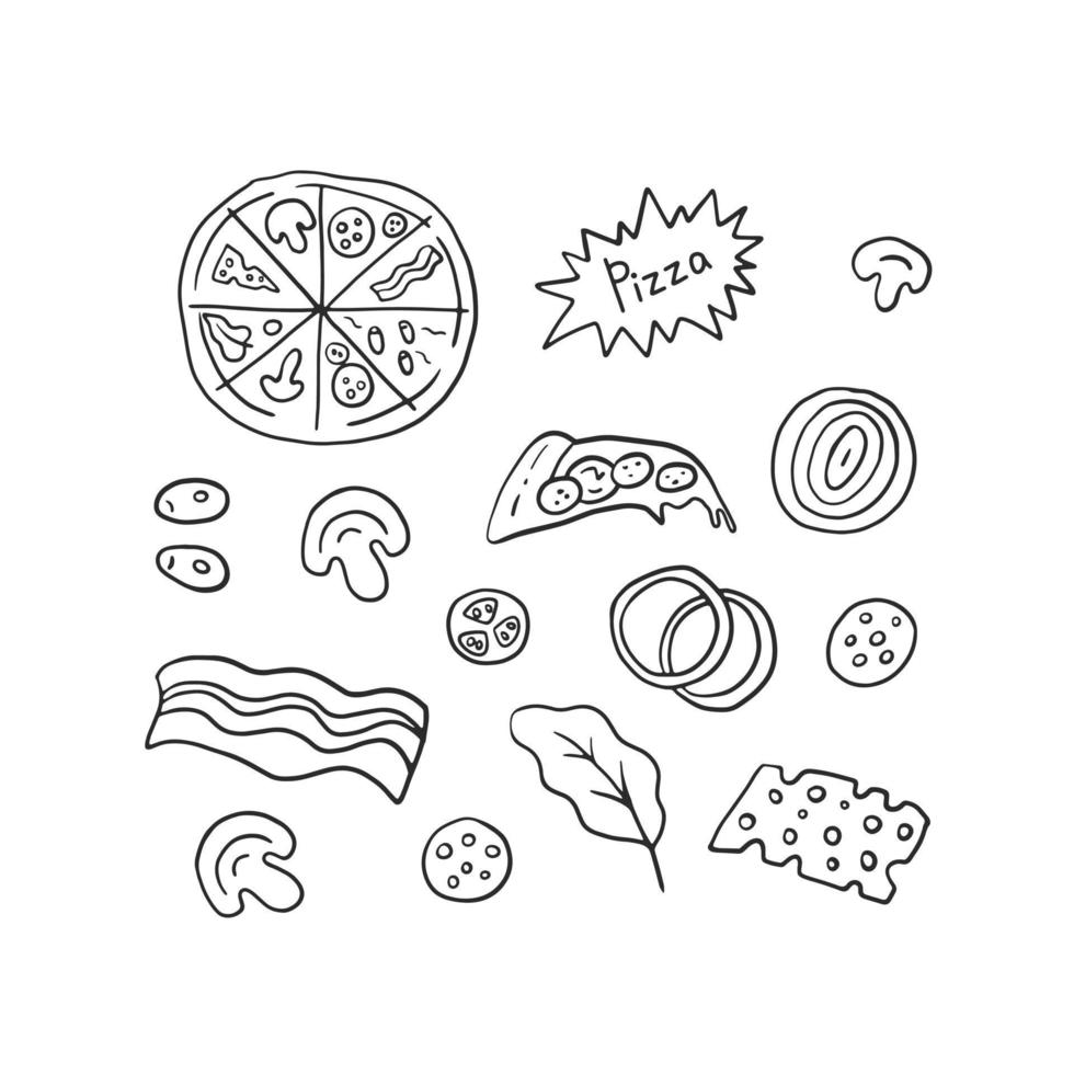 Doodle pizza with ingredients set vector