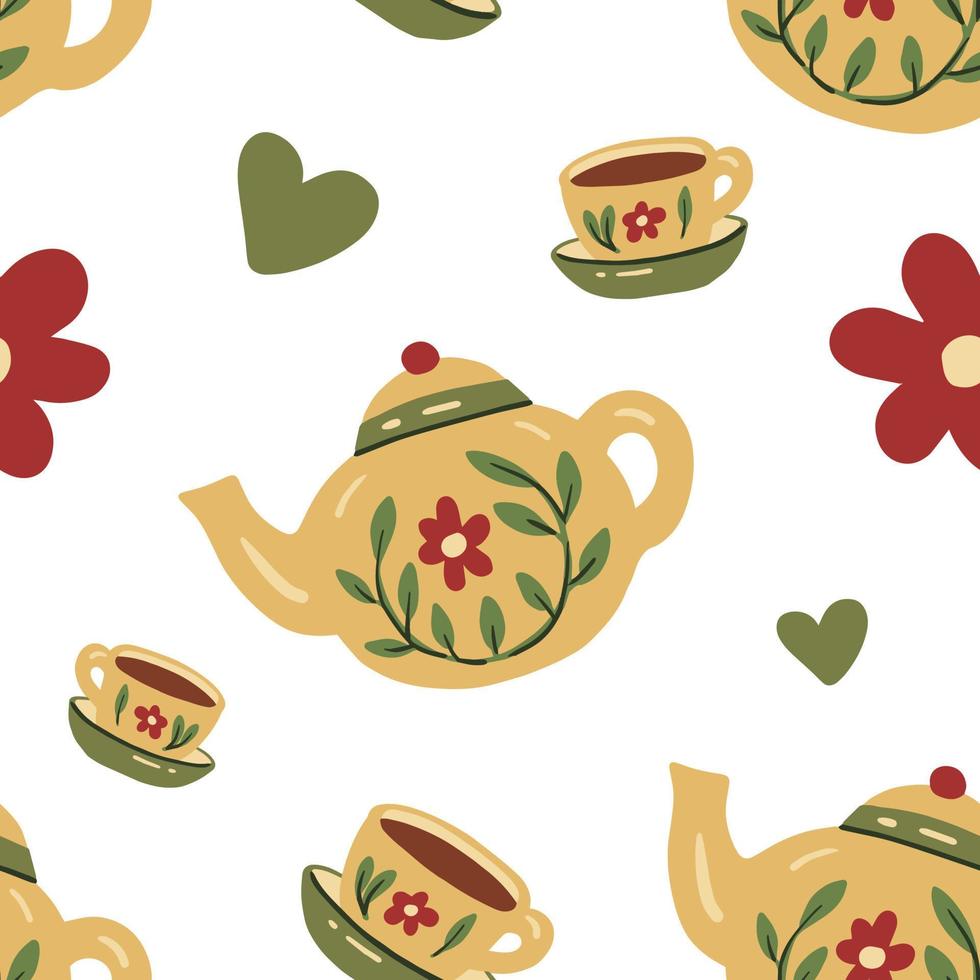 Cozy teapot with cups floral seamless pattern vector