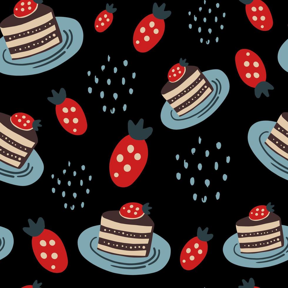 Chocolate cake with strawberry in plate seamless pattern vector