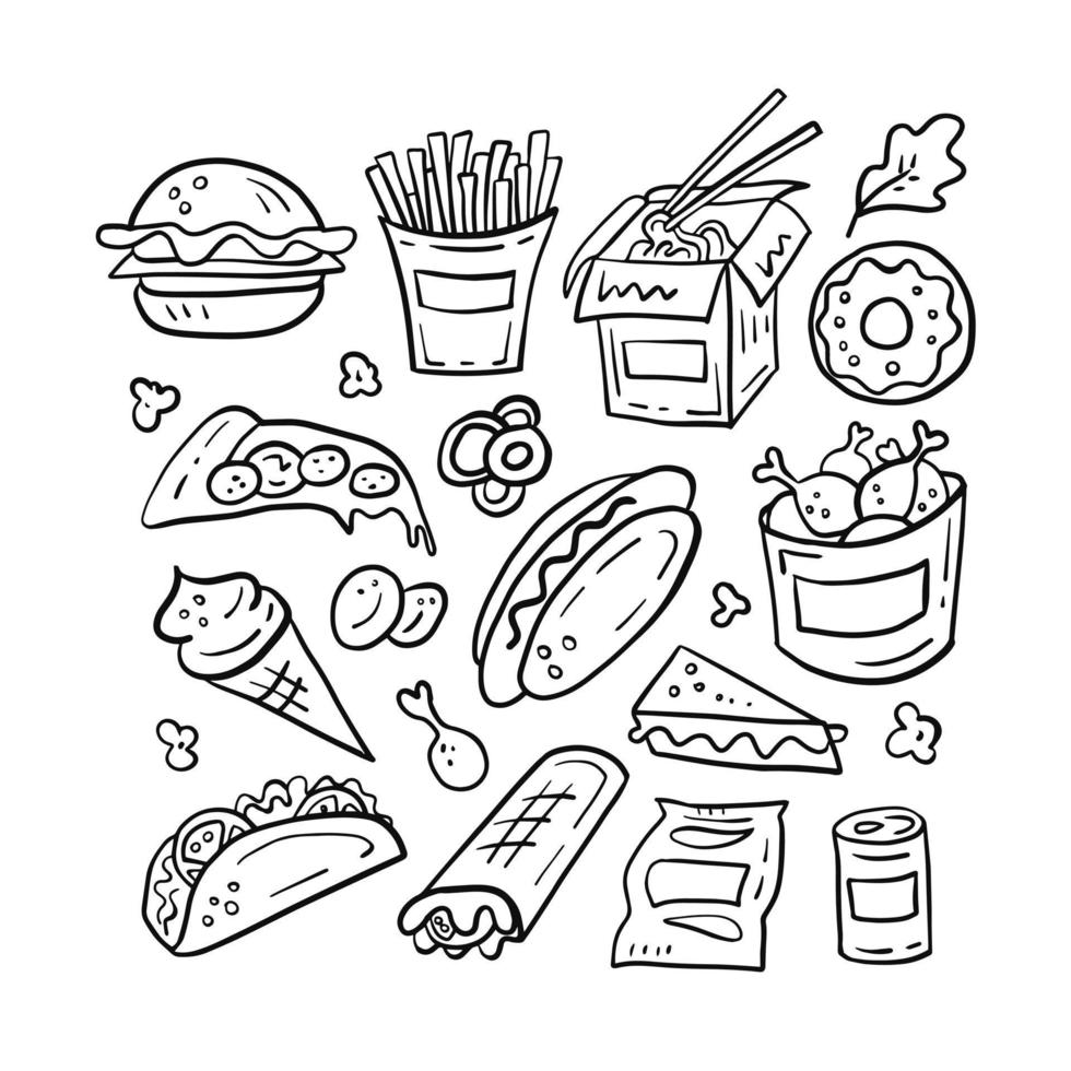 Doodle fast food set vector