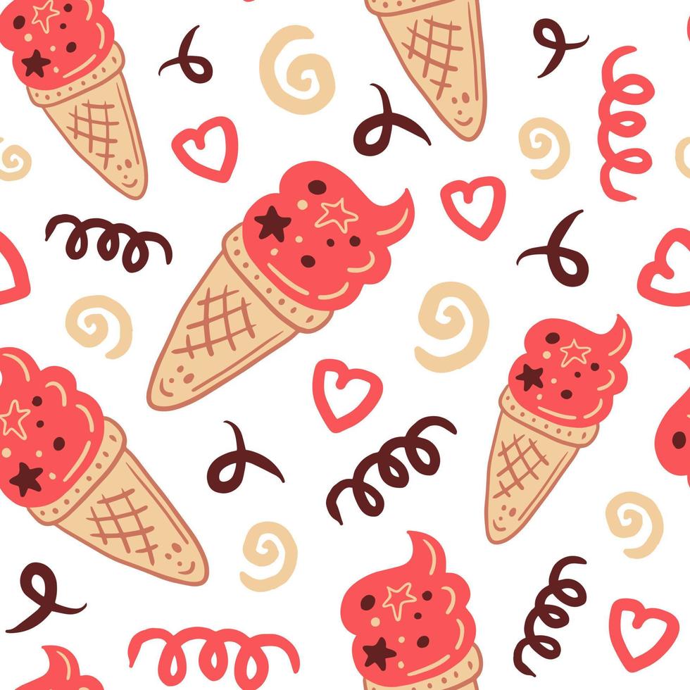Doodle pink ice cream seamless pattern vector