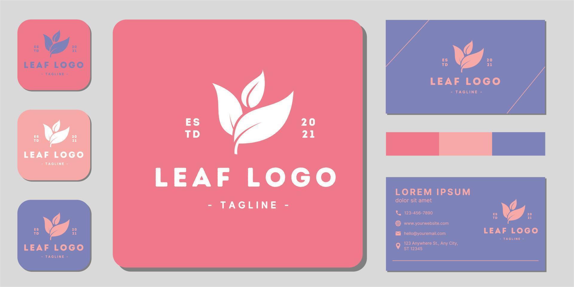Nature leaf logo modern simple clean and minimalist design with creative double sided business card vector