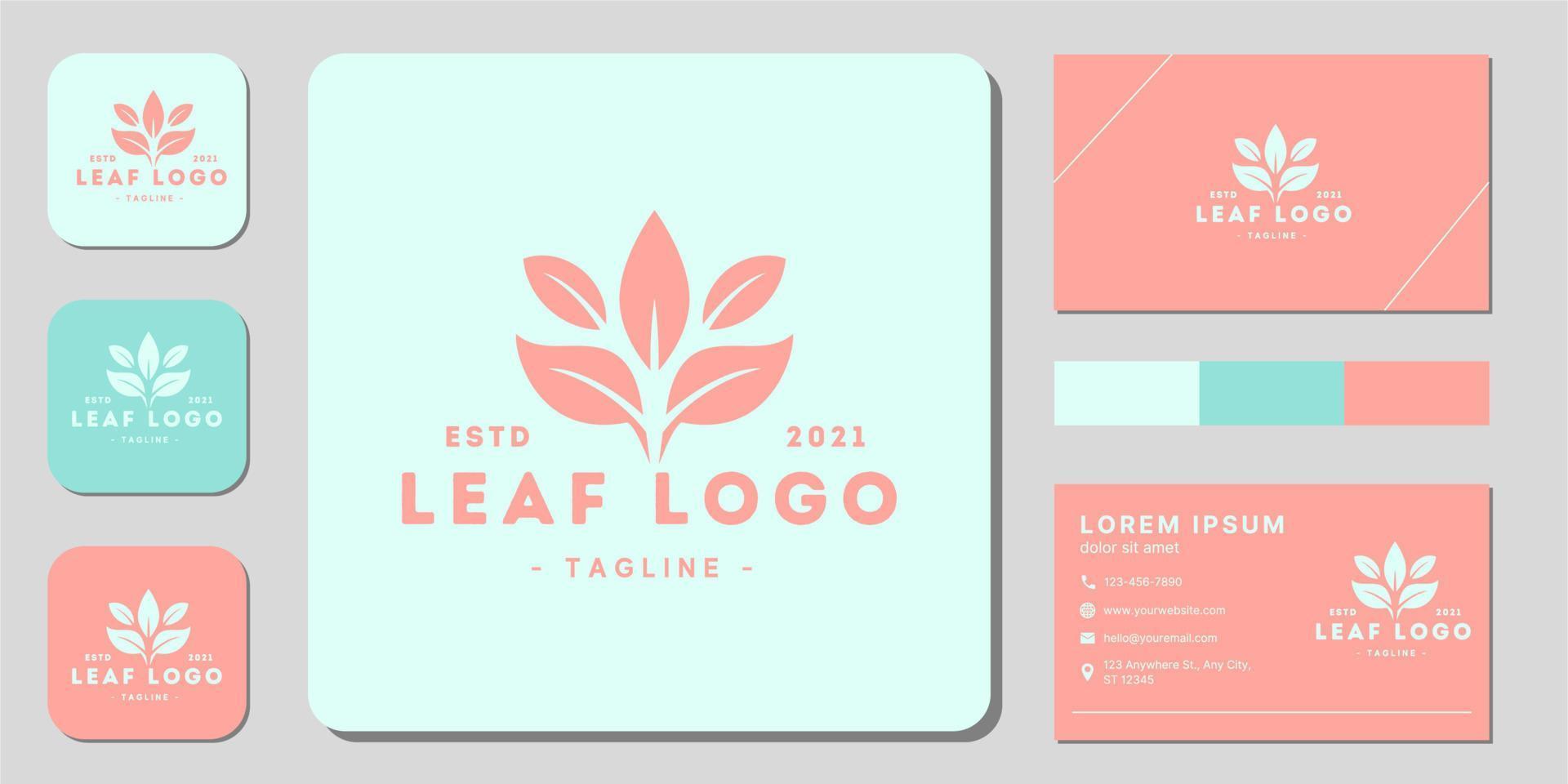 Nature leaf logo modern simple clean and minimalist design with creative double sided business card vector