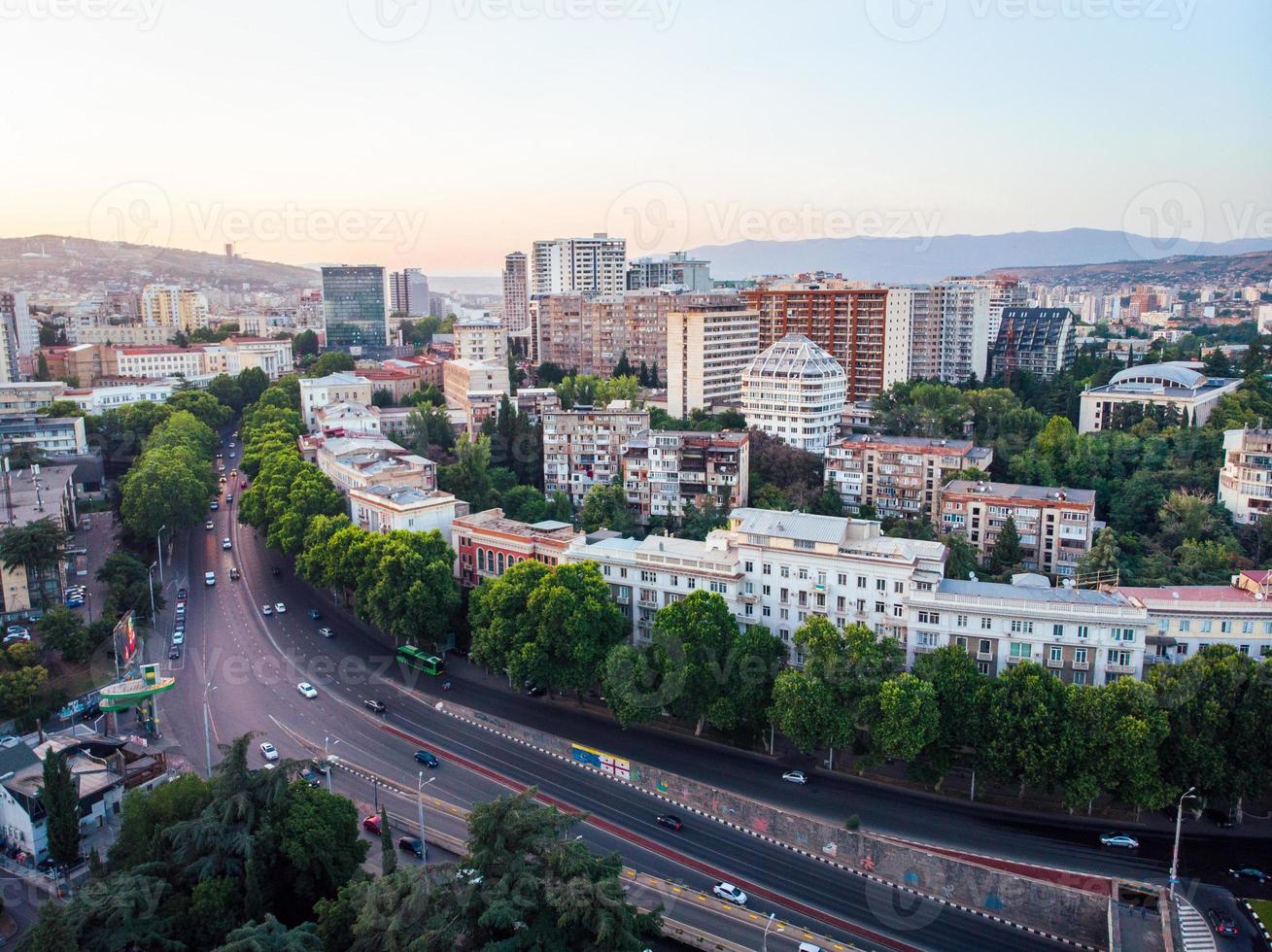 Aerial panoramic view of Georgian capital Tbilisi city Saburtalo district area high buildings photo