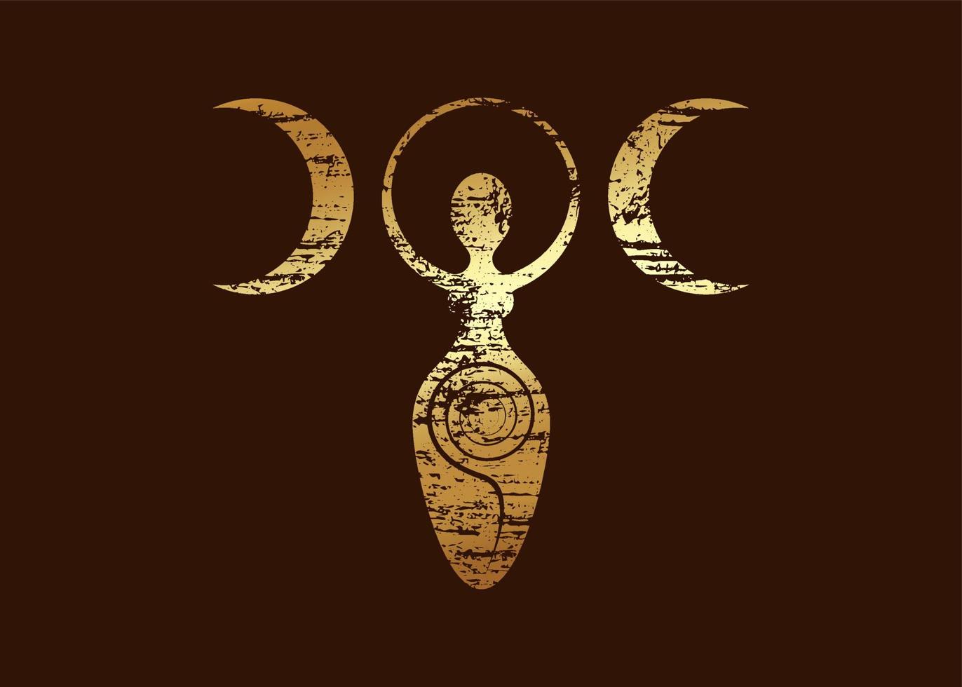 Gold Retro Vintage Wiccan Woman Logo triple moon goddess, spiral of fertility, Pagan Symbols, cycle of life, death and rebirth. Wicca mother earth symbol of sexual procreation, vector icon isolated