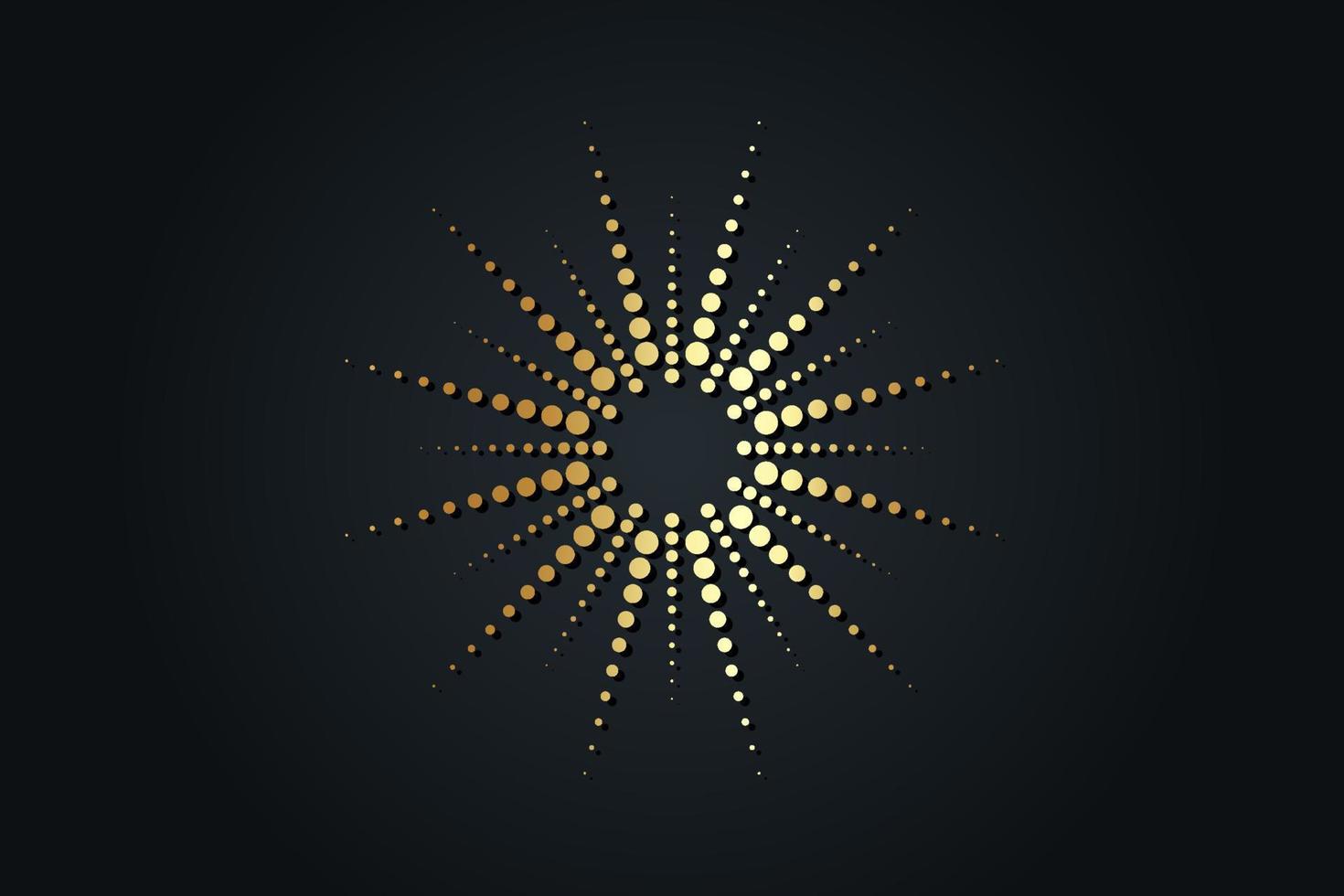 rayos de sol con puntos dorados. fondo de explosión de sol dorado, diseño de logotipo, efecto de medio tono brillante, ilustración vectorial aislada en plantilla negra vector