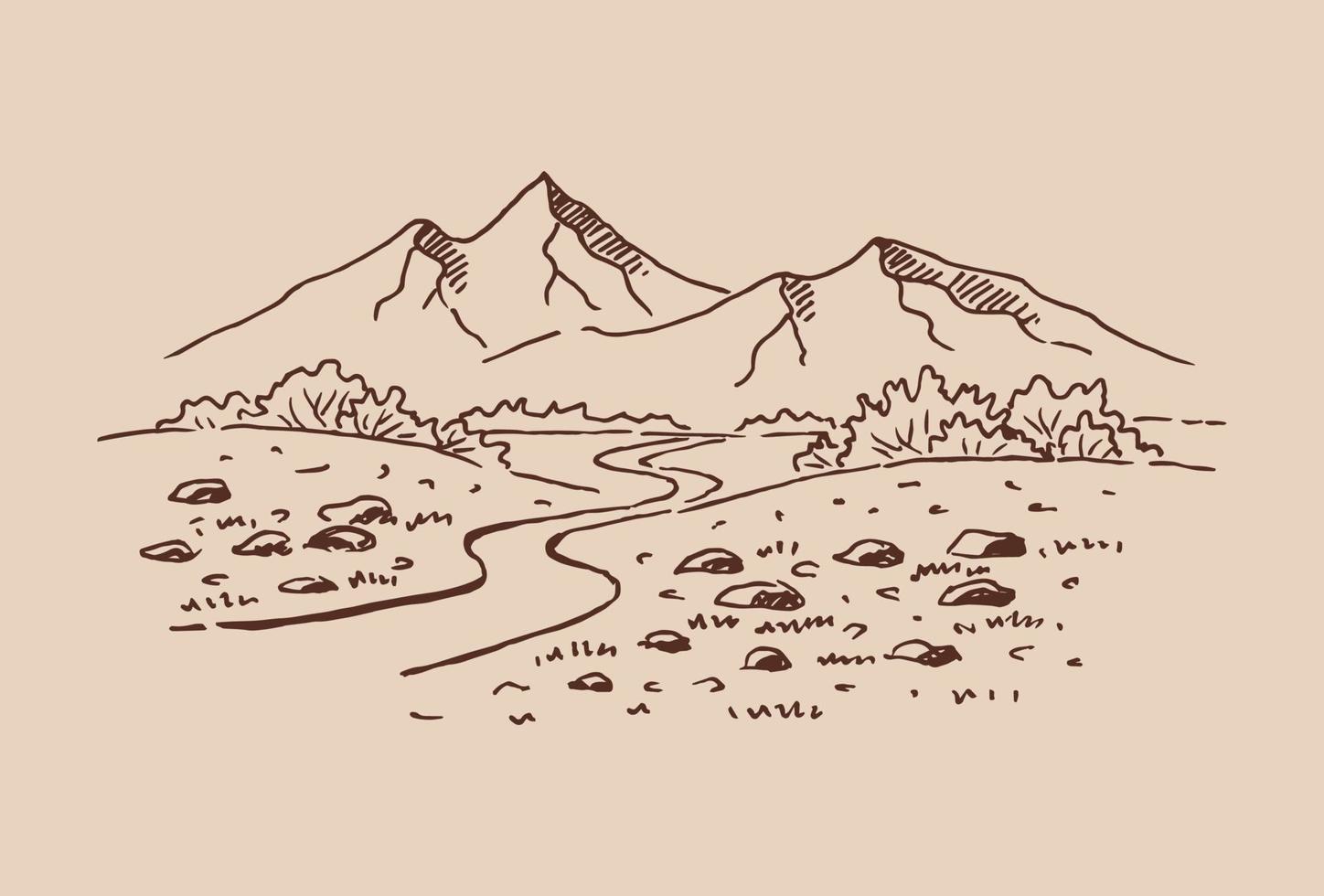 paisaje con montañas y bosques. ilustración dibujada a mano convertida en vector. vector