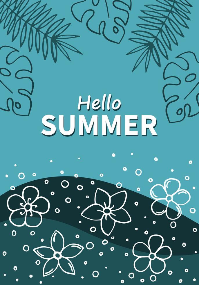 Hand drawn summer poster with tropical leaves. Summer holidays cards. vector